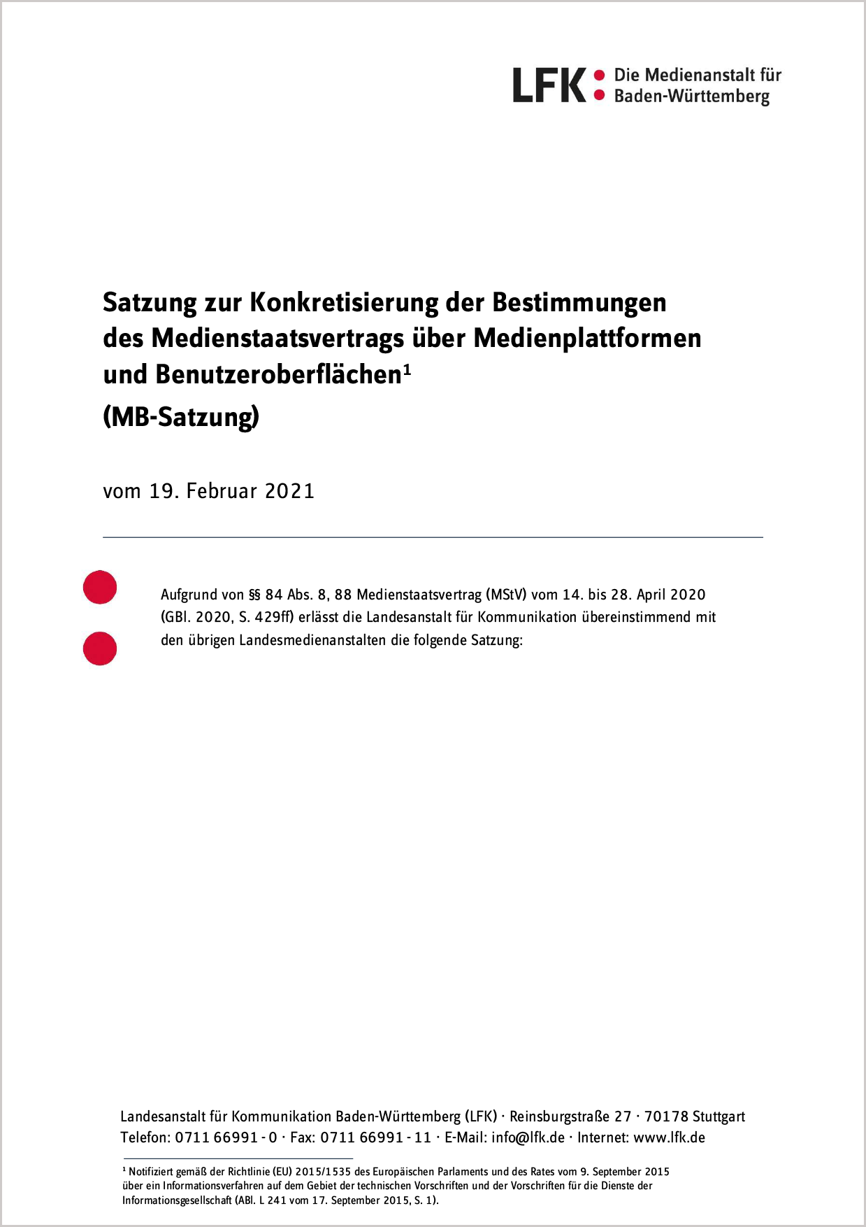 Satzung Medienplattformen und Benutzeroberflächen Cover