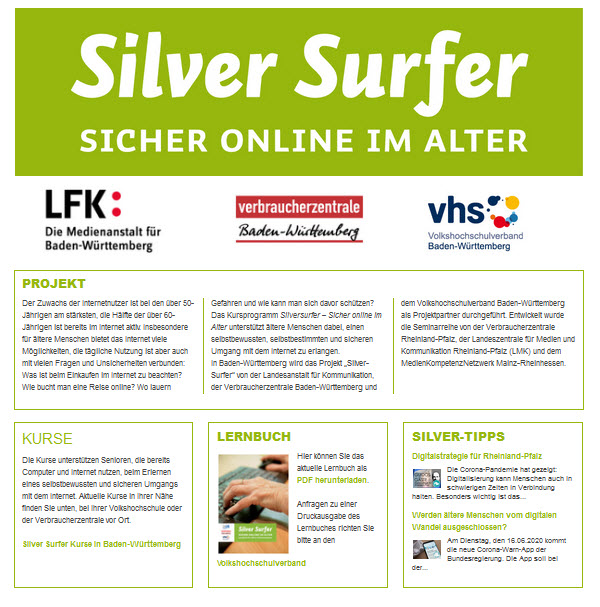 Screenshot eines Ausschnitts der Silver Surfer-Website vom 30.07.2020