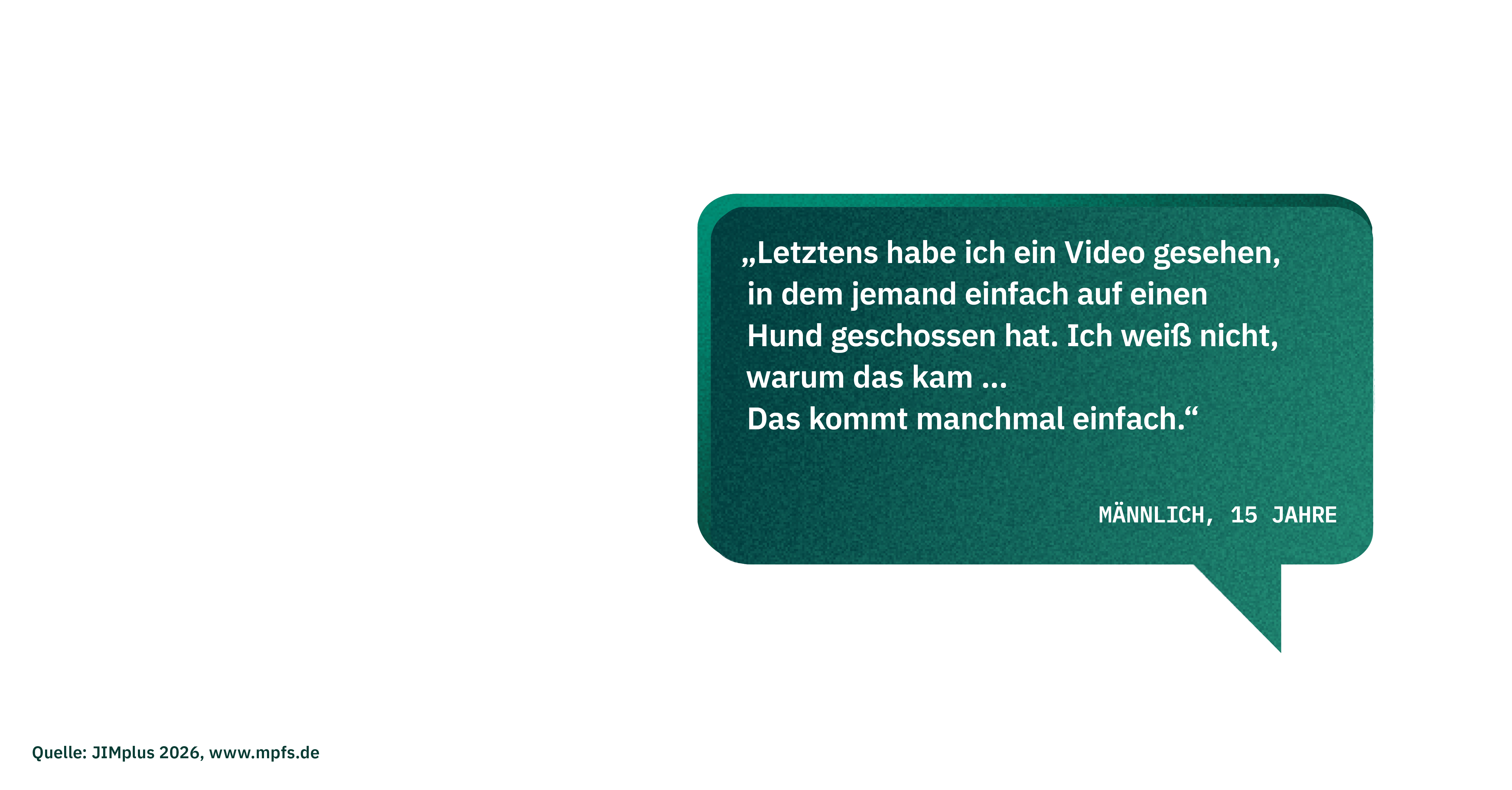 Zitat eines männlichen Studienteilnehmers (15 Jahre): "Letztens habe ich ein Video gesehen, in dem jemand einfach auf einen Hund geschossen hat. Ich weiß nicht, warum das kam ... Das kommt manchmal einfach."