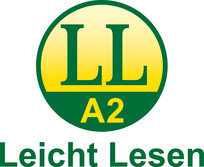 Das Güte-Siegel ist ein Kreis in gelb und grün. In dem Kreis steht: LL A2. LL bedeutet: Leicht Lesen. 