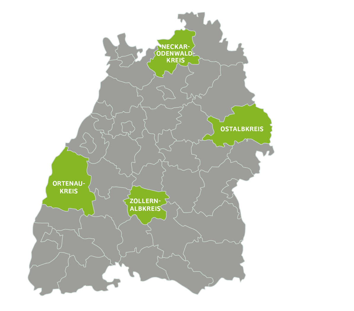 BW-Karte mit den vier Modellregionen des Projektes "Gesund und digital im Ländlichen Raum"