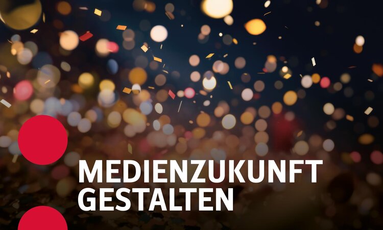 Grafik mit Konfetti-Hintergrund und dem Schriftzug "Medienzukunft gestalten".